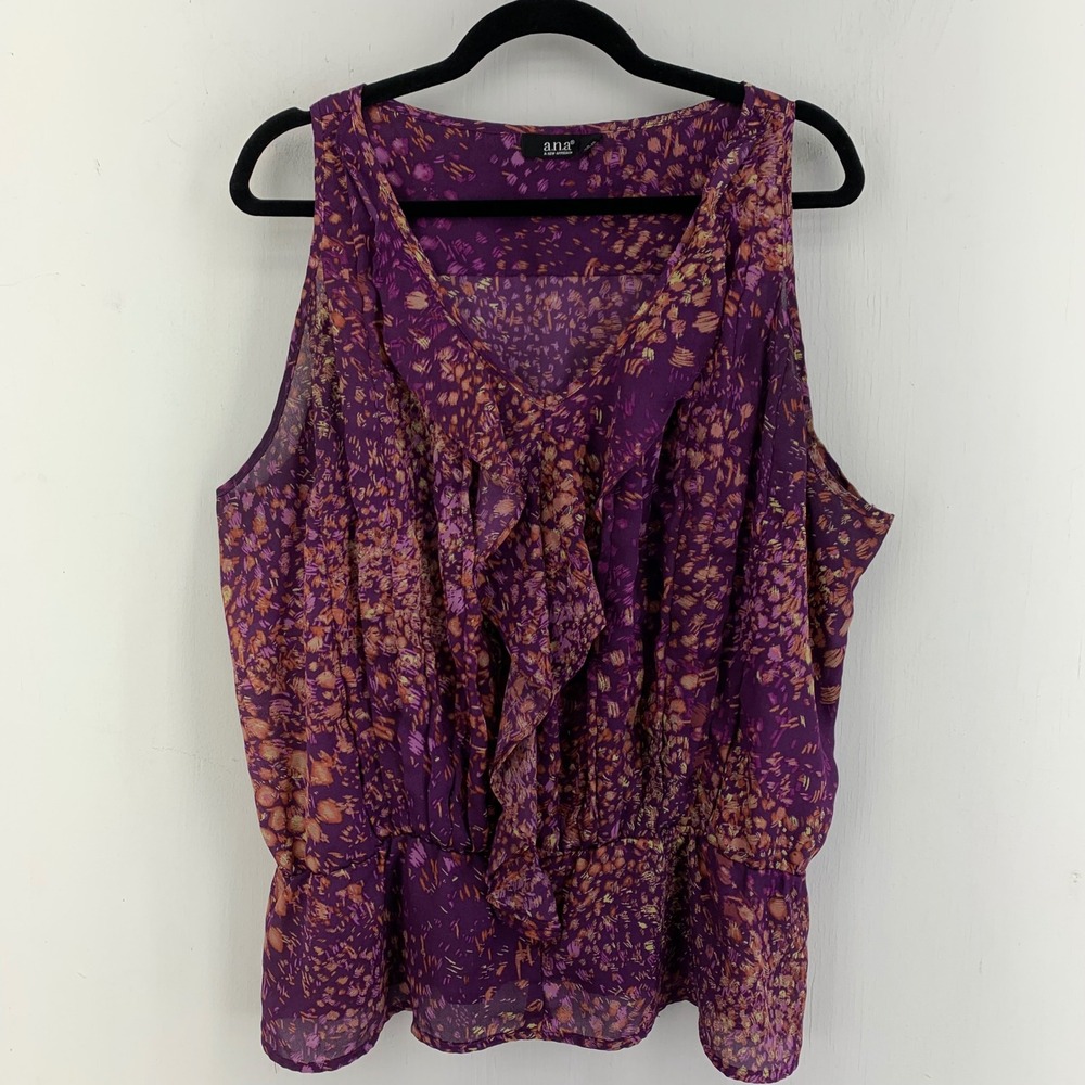 ANA Womens XL Abstract Ruffle V-Neck Peplum Blouse Top Casual Summer Office